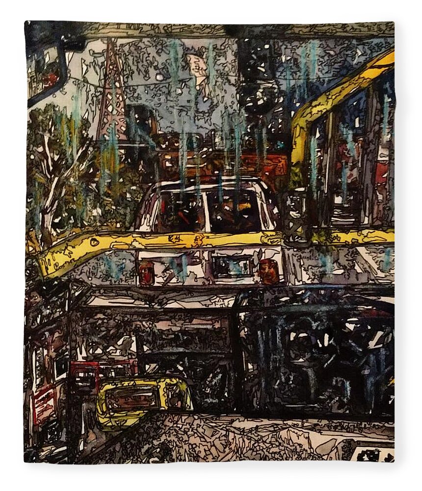 Evening Fleece Blanket featuring the mixed media Evening Bus Ride 3 by Angela Weddle