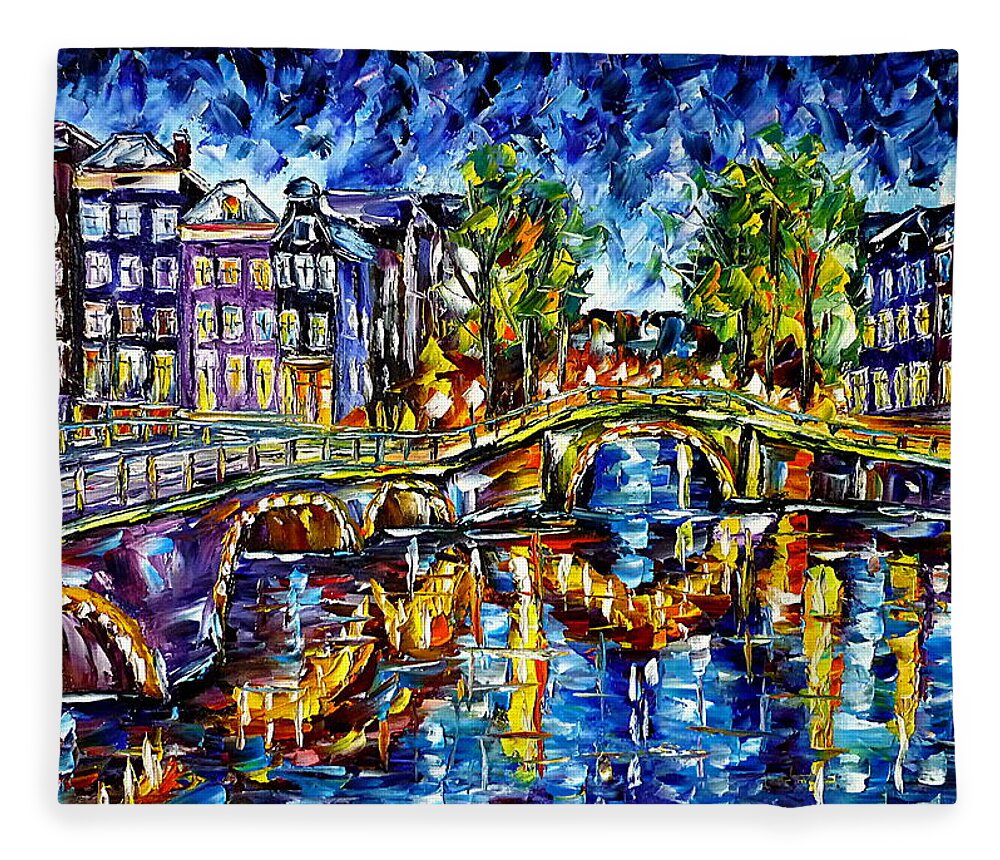Holland Painting Fleece Blanket featuring the painting Evening Mood In Amsterdam by Mirek Kuzniar