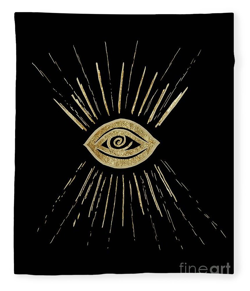 Ink-pen Fleece Blanket featuring the mixed media Evil Eye Gold on Black #1 #drawing #decor #art by Anitas and Bellas Art