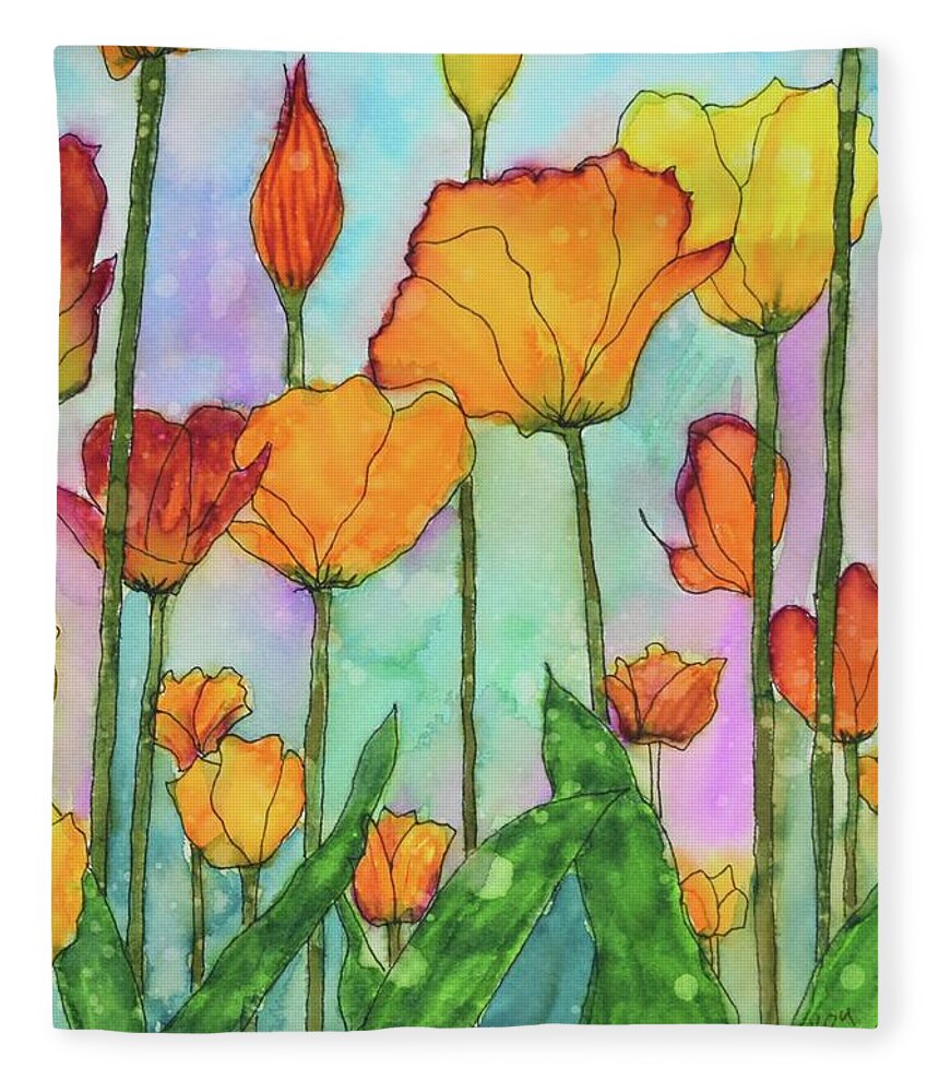 Barrieloustark Fleece Blanket featuring the painting Fanciful Tulips by Barrie Stark