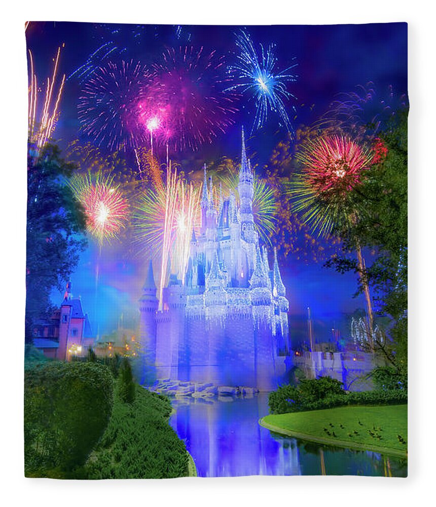 Magic Kingdom Fleece Blanket featuring the photograph Fantasy in the Sky Fireworks at Walt Disney World by Mark Andrew Thomas