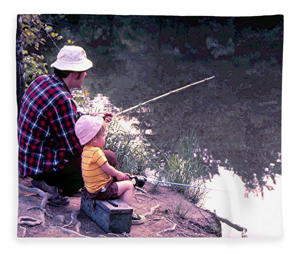 Father Fleece Blanket featuring the photograph Father 3 year old son great-grandfathers tackle box fishing friends by Robert C Paulson Jr