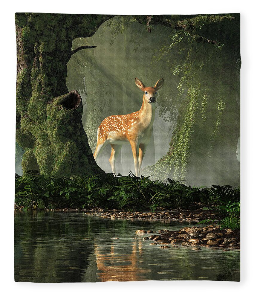 Fawn Fleece Blanket featuring the digital art Fawn in the Forest by Daniel Eskridge