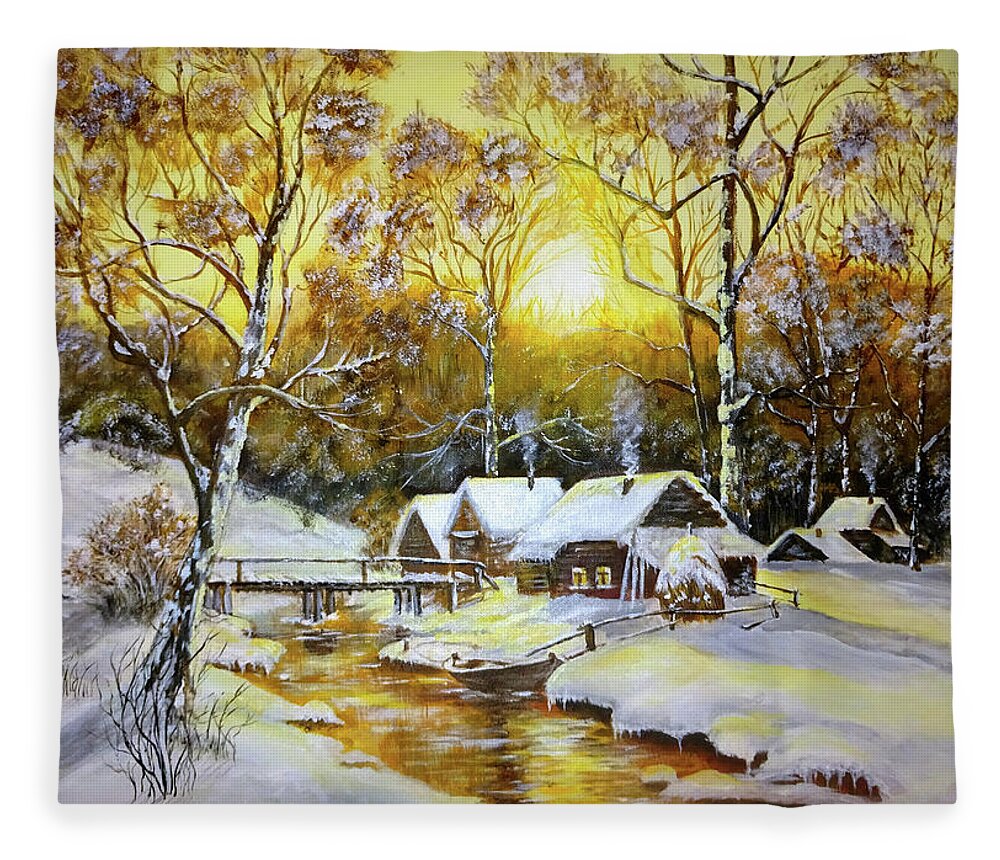  Fleece Blanket featuring the painting Feerie winter by Calin Vacaru
