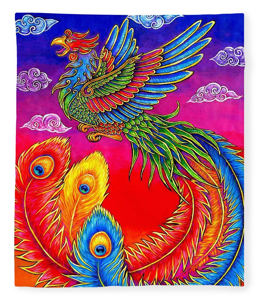 Chinese Phoenix Fleece Blanket featuring the painting Fenghuang Chinese Phoenix by Rebecca Wang