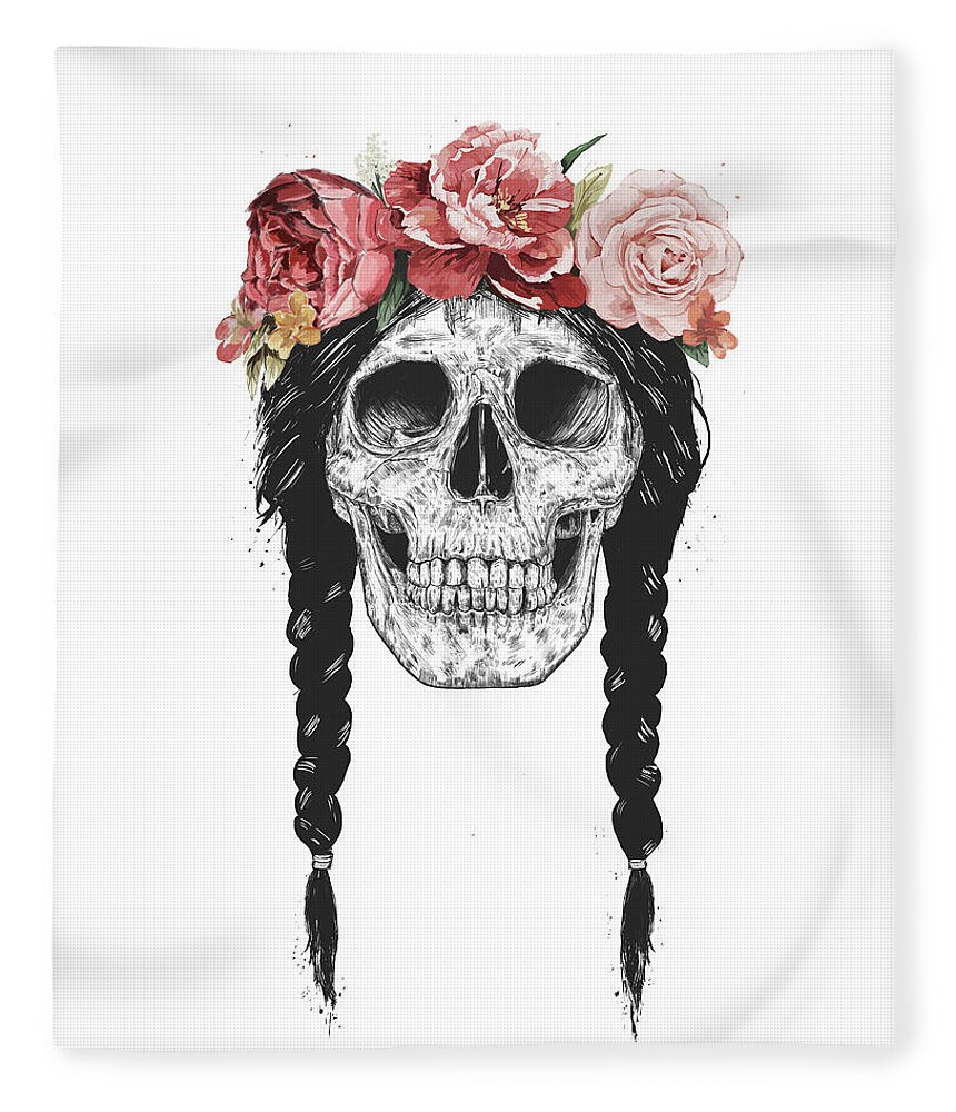 Skull Fleece Blanket featuring the drawing Festival skull by Balazs Solti