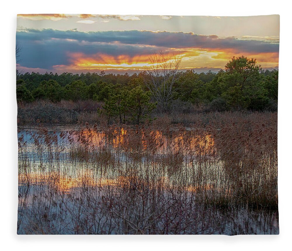 New Jersey Fleece Blanket featuring the photograph Fire In The Sky Over The PInes by Kristia Adams