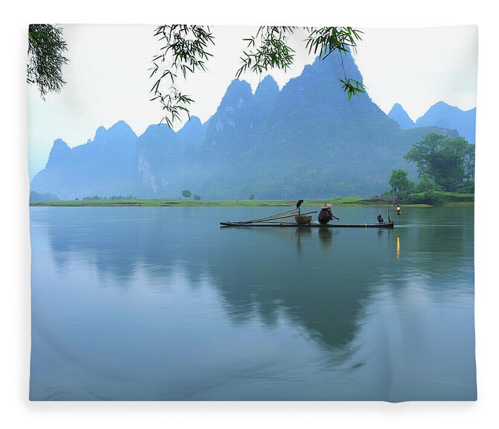 Chinese Culture Fleece Blanket featuring the photograph Fishermen On Li River by Bihaibo