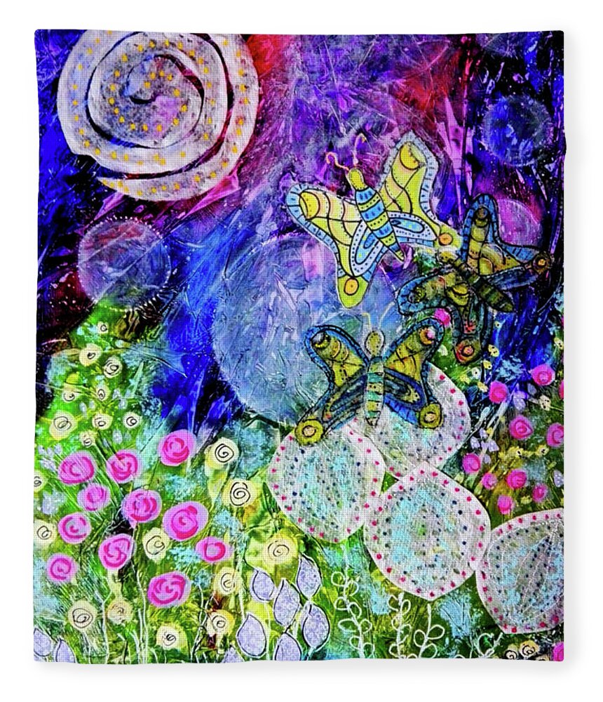 Luna Fleece Blanket featuring the mixed media Flight of the Lunar Moths by Mimulux Patricia No