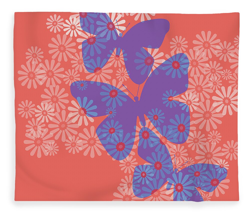 Butterfly Fleece Blanket featuring the digital art Floral Butterflies in Purple and Liiving Coral by Marianne Campolongo