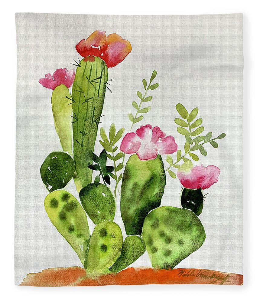 Cactus Fleece Blanket featuring the painting Flowering Cactus by Hilda Vandergriff