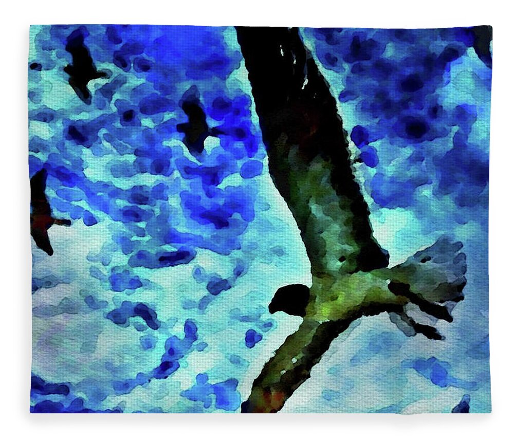 Painting Of Flying Seagulls In The Blue Sky Fleece Blanket featuring the painting Flying Seagulls by Joan Reese