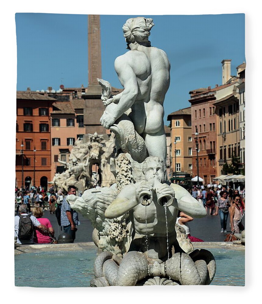 Fountain Moro Piazza-navona Rome Italy Travel Photography Square Plazza Sculpture History Roma  Fleece Blanket featuring the photograph Fontana del Moro by Peter Skelton