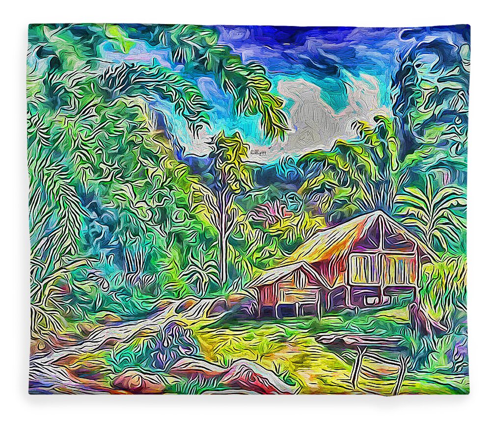 Paint Fleece Blanket featuring the painting Forest cabin 2 by Nenad Vasic