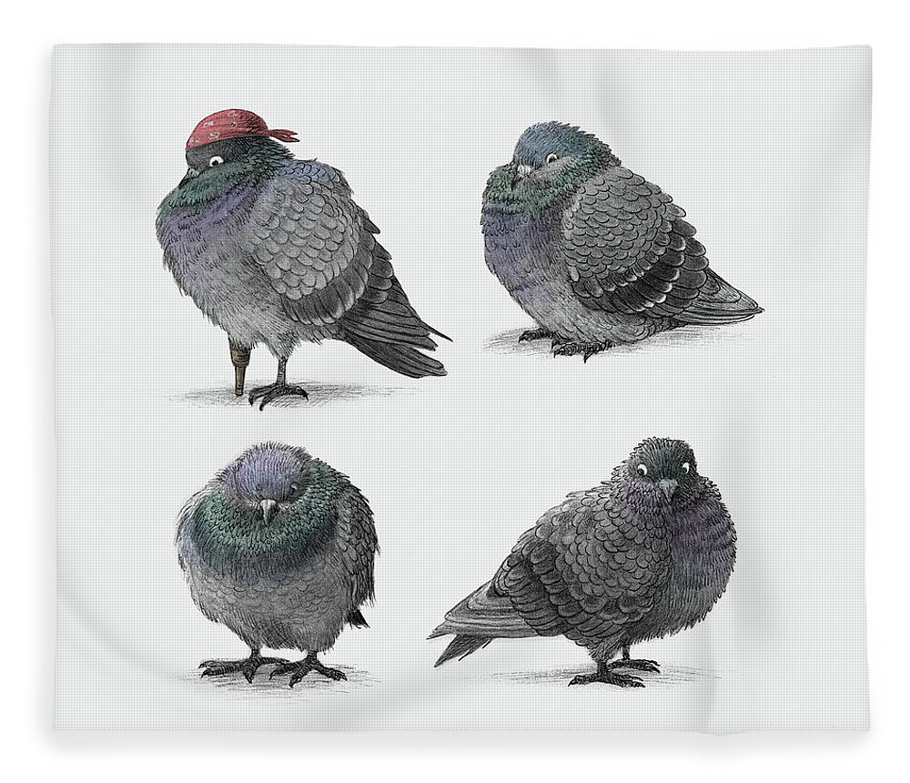 Pigeon Fleece Blanket featuring the drawing Four Pigeons by Eric Fan