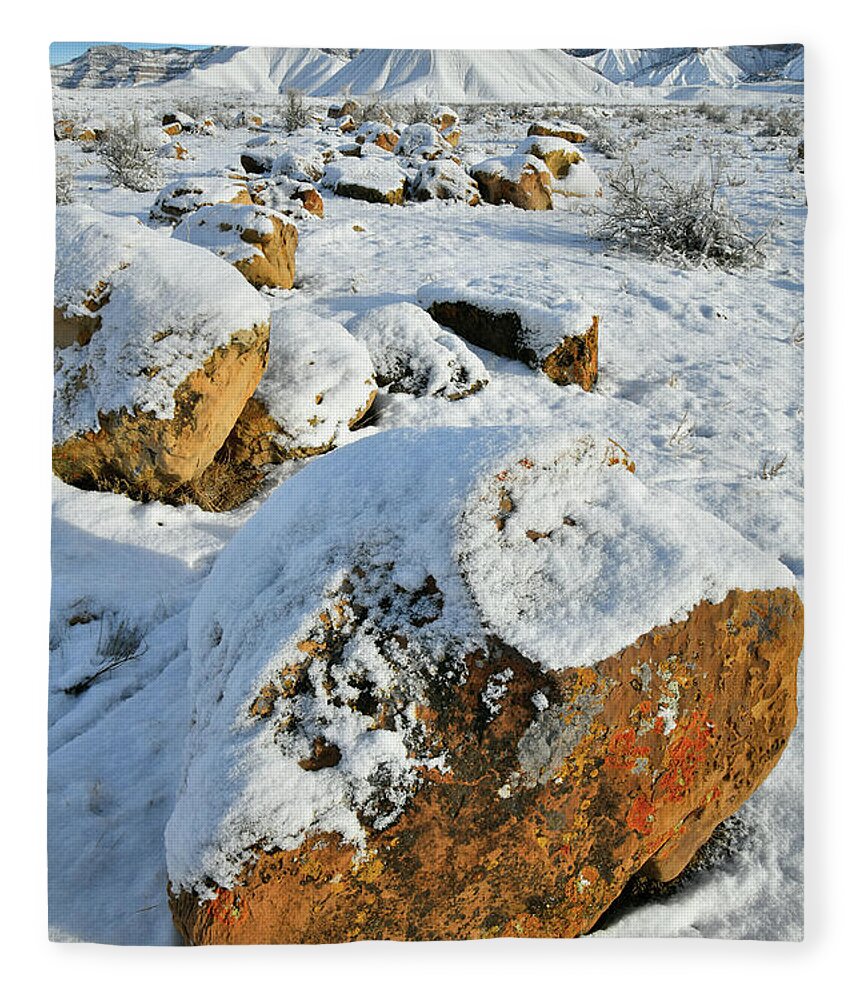Book Cliffs Fleece Blanket featuring the photograph Fresh Snow on Book Cliffs Boulders by Ray Mathis