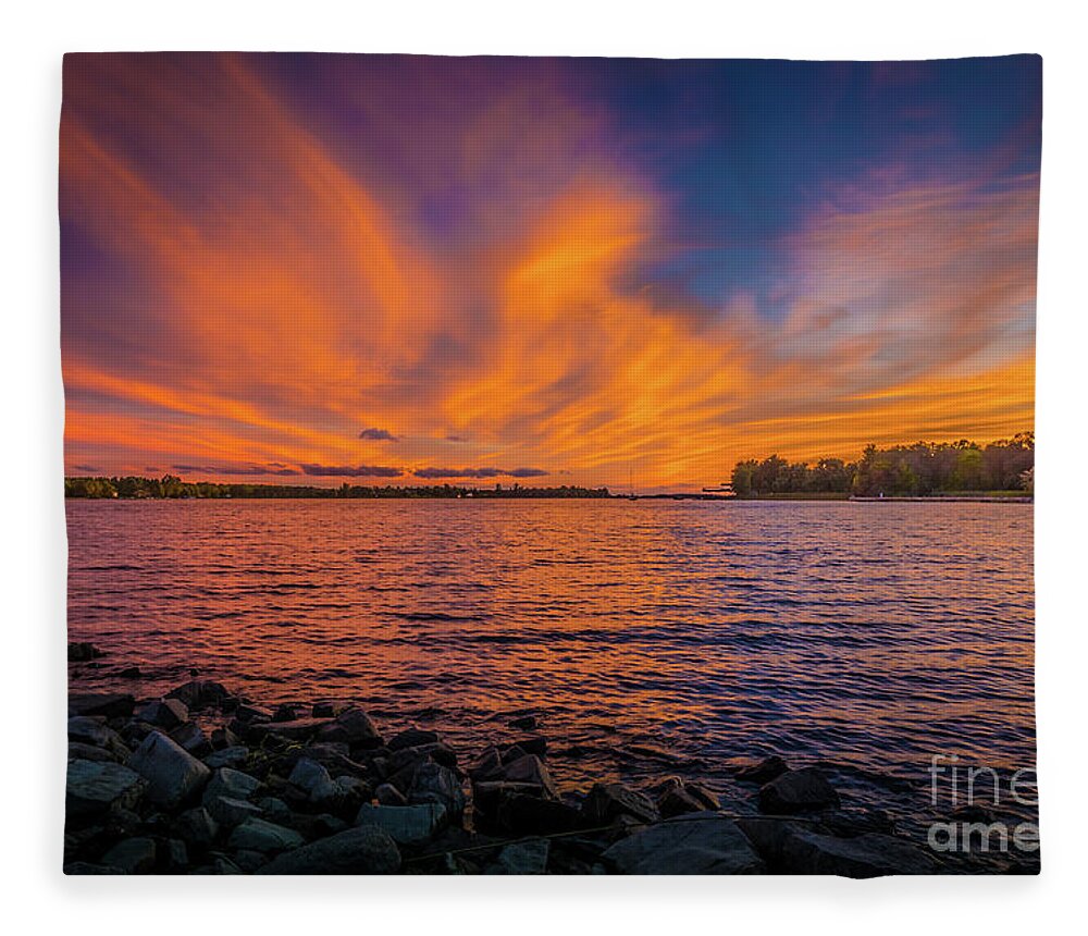 Blue Fleece Blanket featuring the photograph Frontenac Ferry Sunset by Roger Monahan