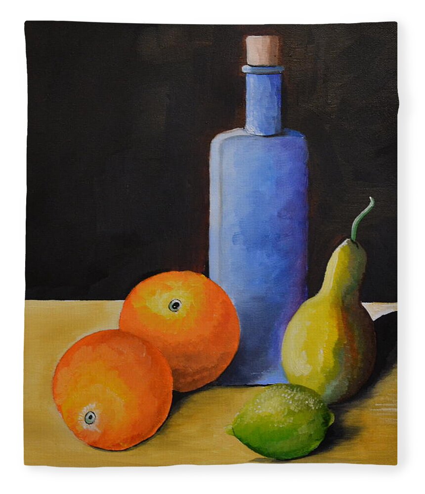 This Is An Oil Painting Of Oranges Fleece Blanket featuring the painting Fruit and Bottle by Martin Schmidt
