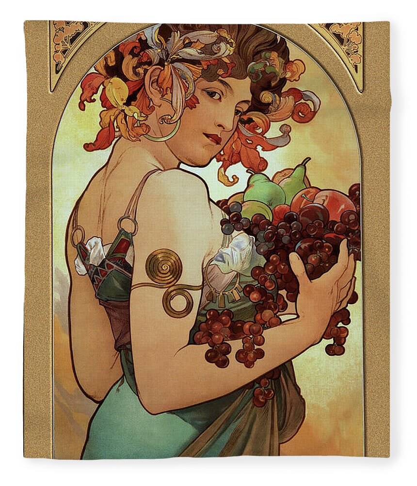 Fruit Fleece Blanket featuring the painting Fruit by Alphonse Mucha by Rolando Burbon