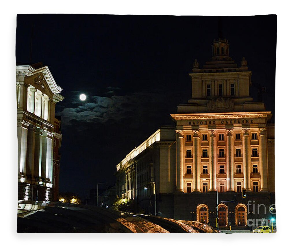 Sofia Fleece Blanket featuring the photograph Full moon above Sofia Largo downtown by Yavor Mihaylov