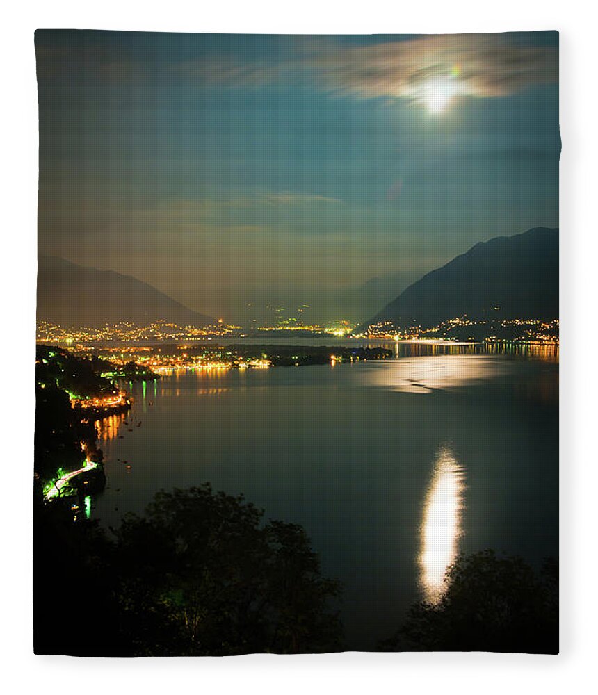 Scenics Fleece Blanket featuring the photograph Full Moon Over Lake Maggiore In by Assalve