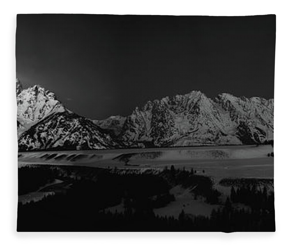 Full Moon Fleece Blanket featuring the photograph Full Moon Sets in the Tetons Panorama by Raymond Salani III