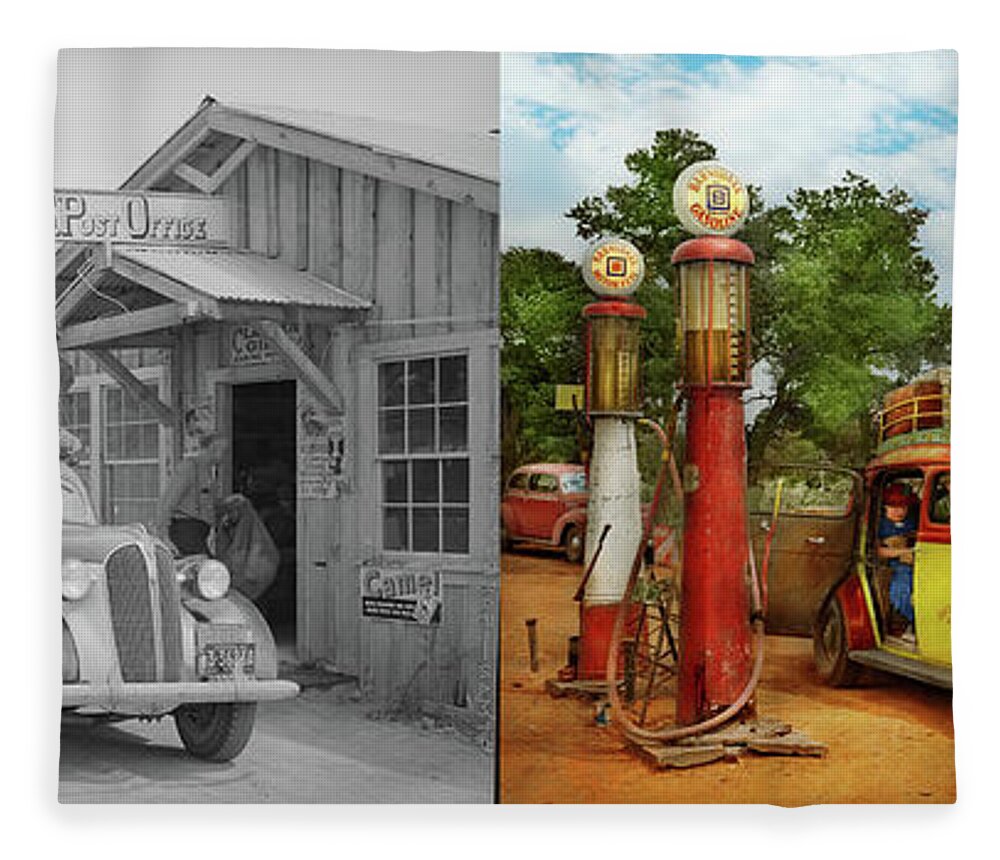 Gas Station Fleece Blanket featuring the photograph Gas Station - Fresh delivery to Pie Town 1940 - Side by Side by Mike Savad