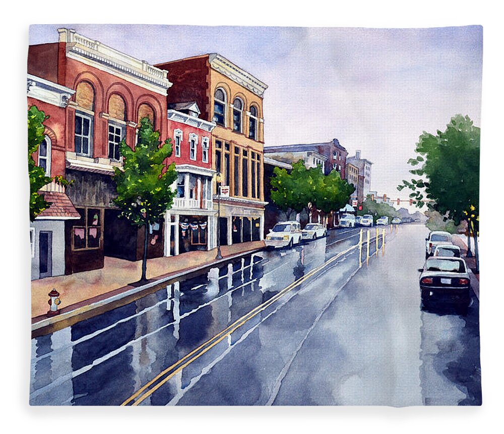 #landscape #cityscape #watercolor #rain #rainy #reflections #fineart #buildings Fleece Blanket featuring the painting Gaslights and Afternoon Rain by Mick Williams
