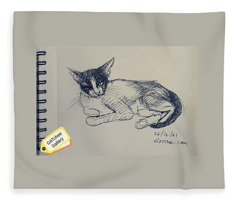 Cat Fleece Blanket featuring the drawing Angry GATchee by Sukalya Chearanantana