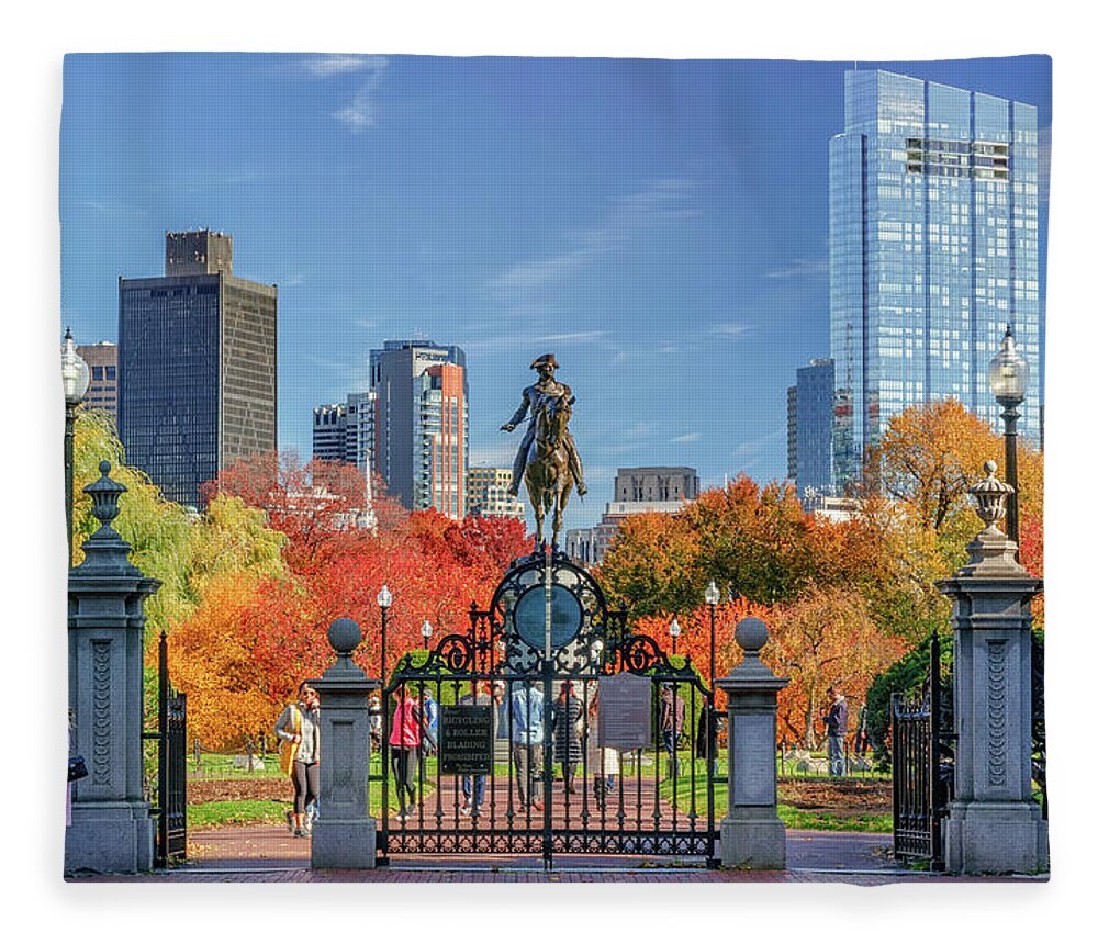 Boston Fleece Blanket featuring the photograph George Washington and Boston's Public Garden in Autumn by Kristen Wilkinson