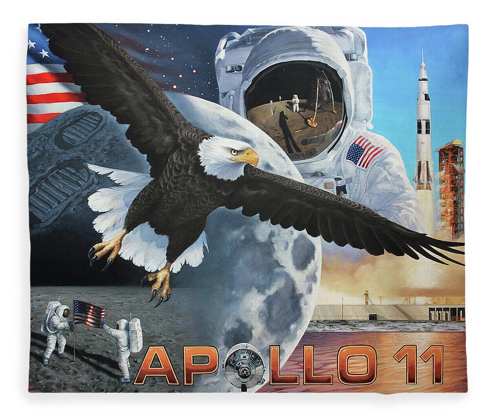 Apollo 11 Fleece Blanket featuring the painting Giant Leap of Unity by Lucy West