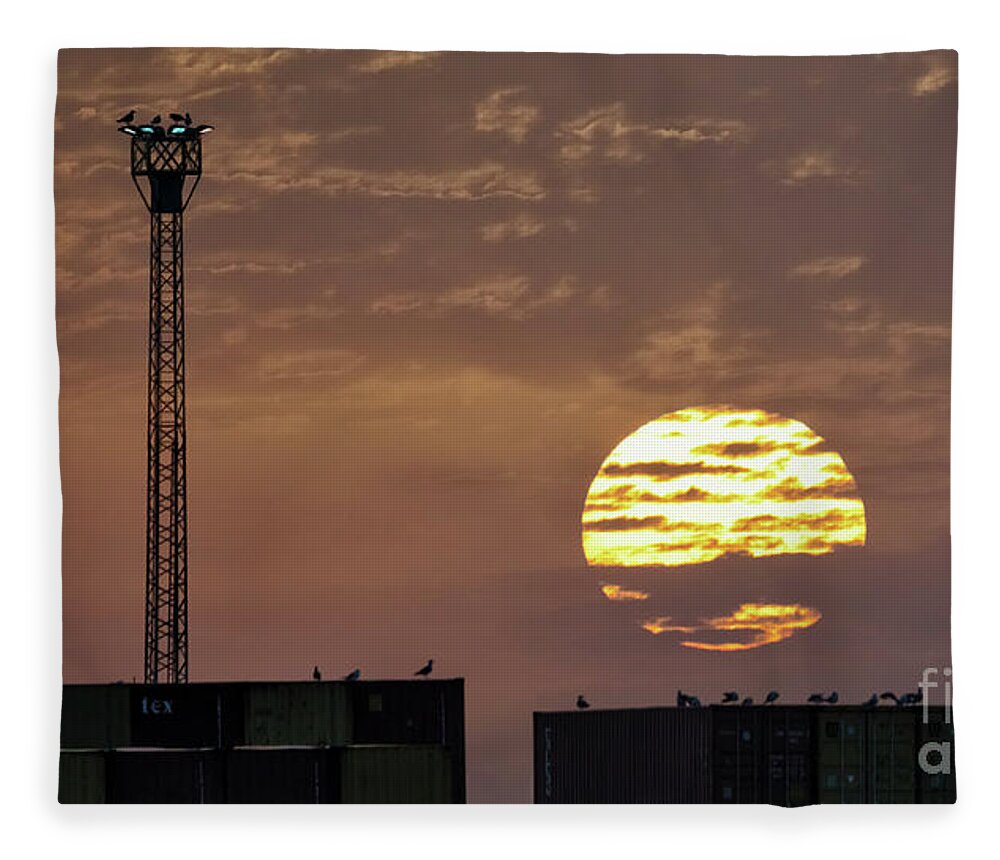Bright Fleece Blanket featuring the photograph Giant Sun at Sunrise Cadiz Harbour by Pablo Avanzini