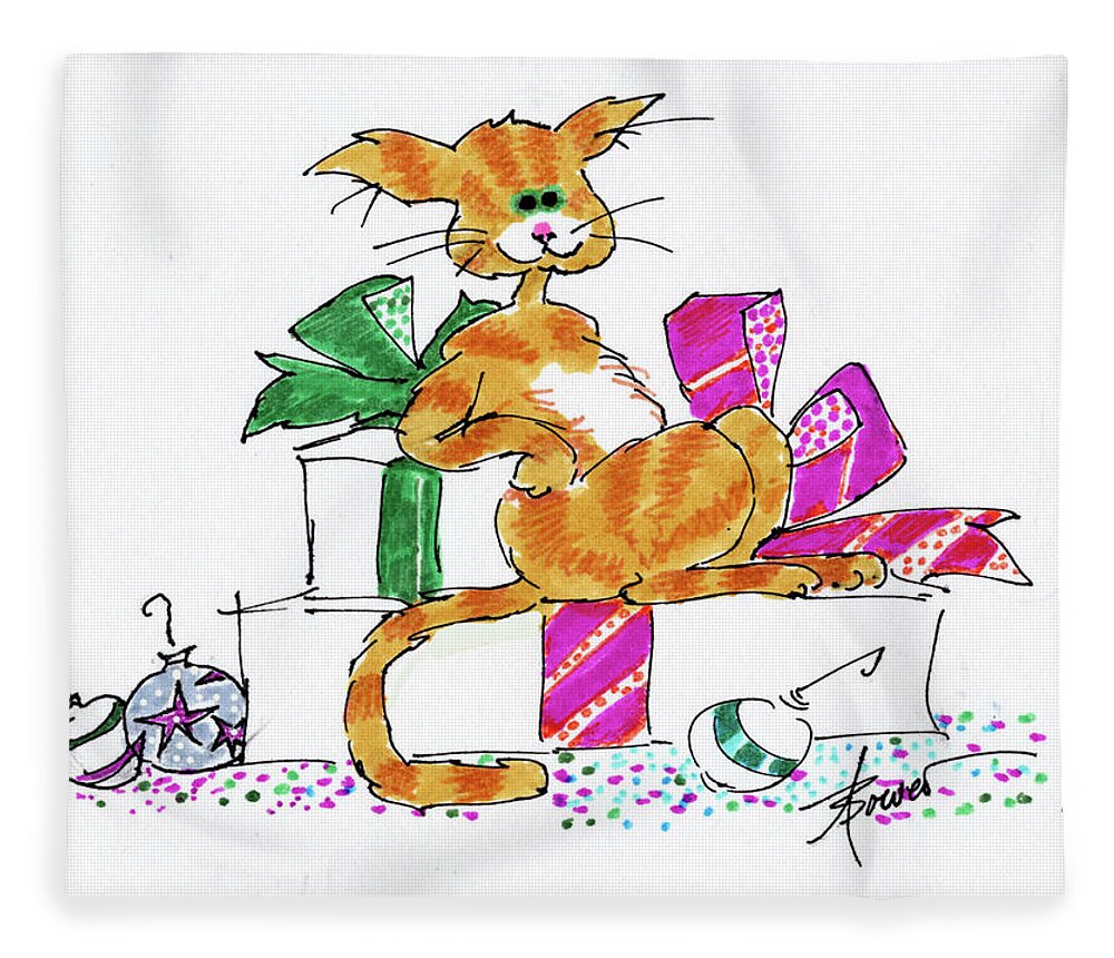 Christmas Fleece Blanket featuring the painting Ginger Cat's Christmas by Adele Bower