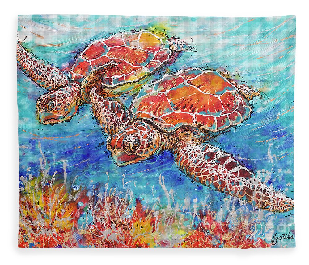 Marine Turtles Fleece Blanket featuring the painting Gliding Sea Turtles by Jyotika Shroff