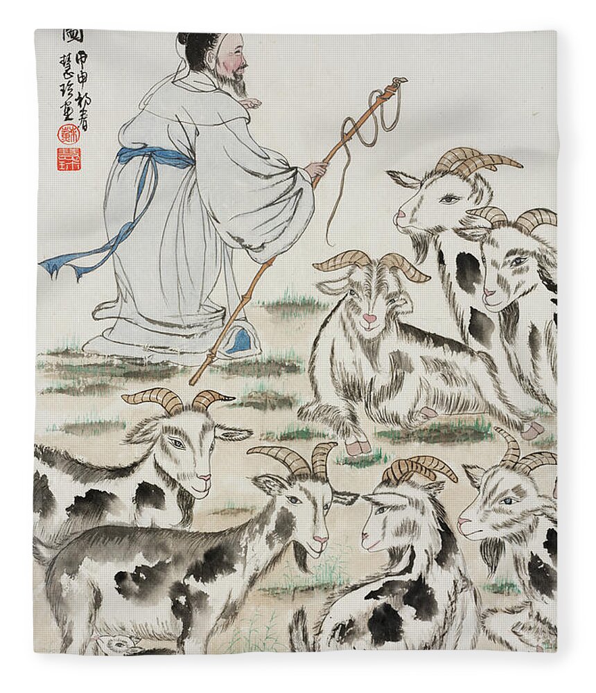 Chinese Watercolor Fleece Blanket featuring the painting Goat Shepherd by Jenny Sanders