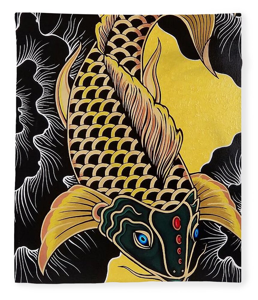  Fleece Blanket featuring the painting Golden Koi Fish by Bryon Stewart