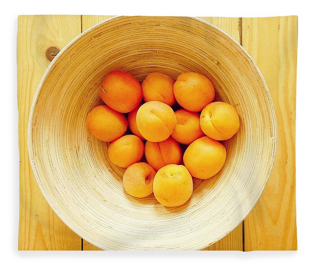 Orange Color Fleece Blanket featuring the photograph Golden Orange Apricots In Wooden Bowl by Dorte Fjalland