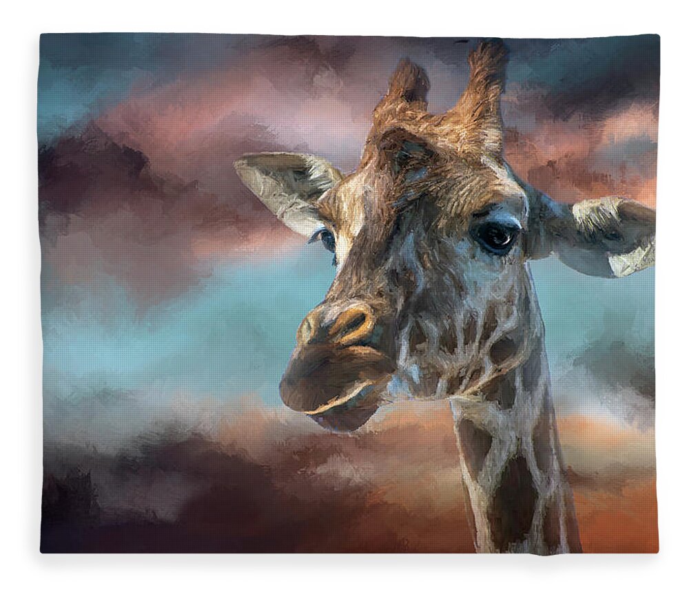 Giraffe Fleece Blanket featuring the painting Good Night Giraffe by Jeanette Mahoney