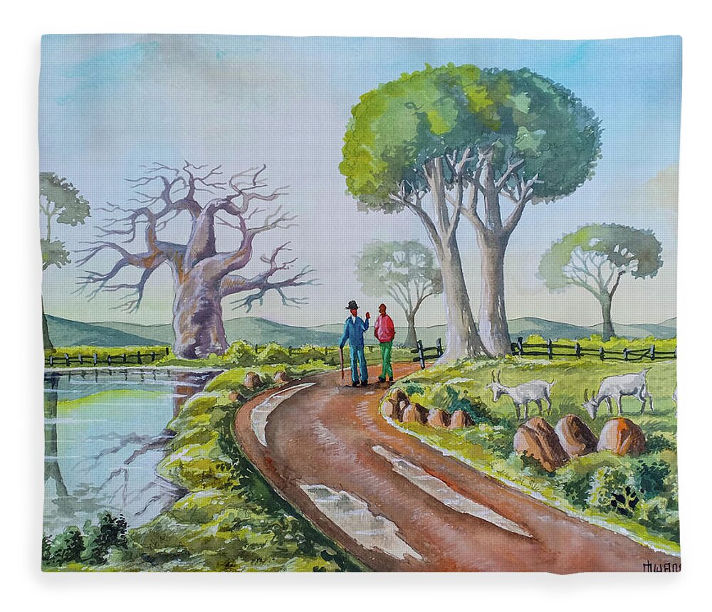 Kenya Prints Fleece Blanket featuring the painting Good Old Days by Anthony Mwangi