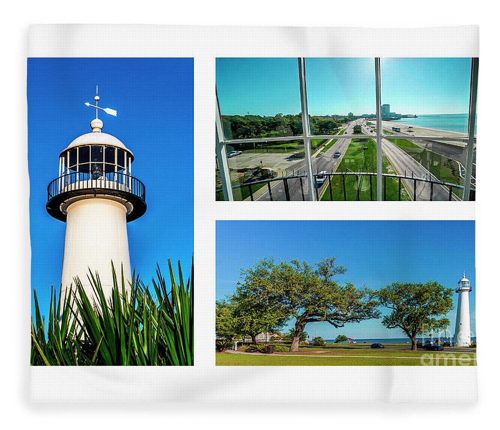 Biloxi Fleece Blanket featuring the photograph Grand Old Lighthouse Biloxi MS Collage A1c by Ricardos Creations