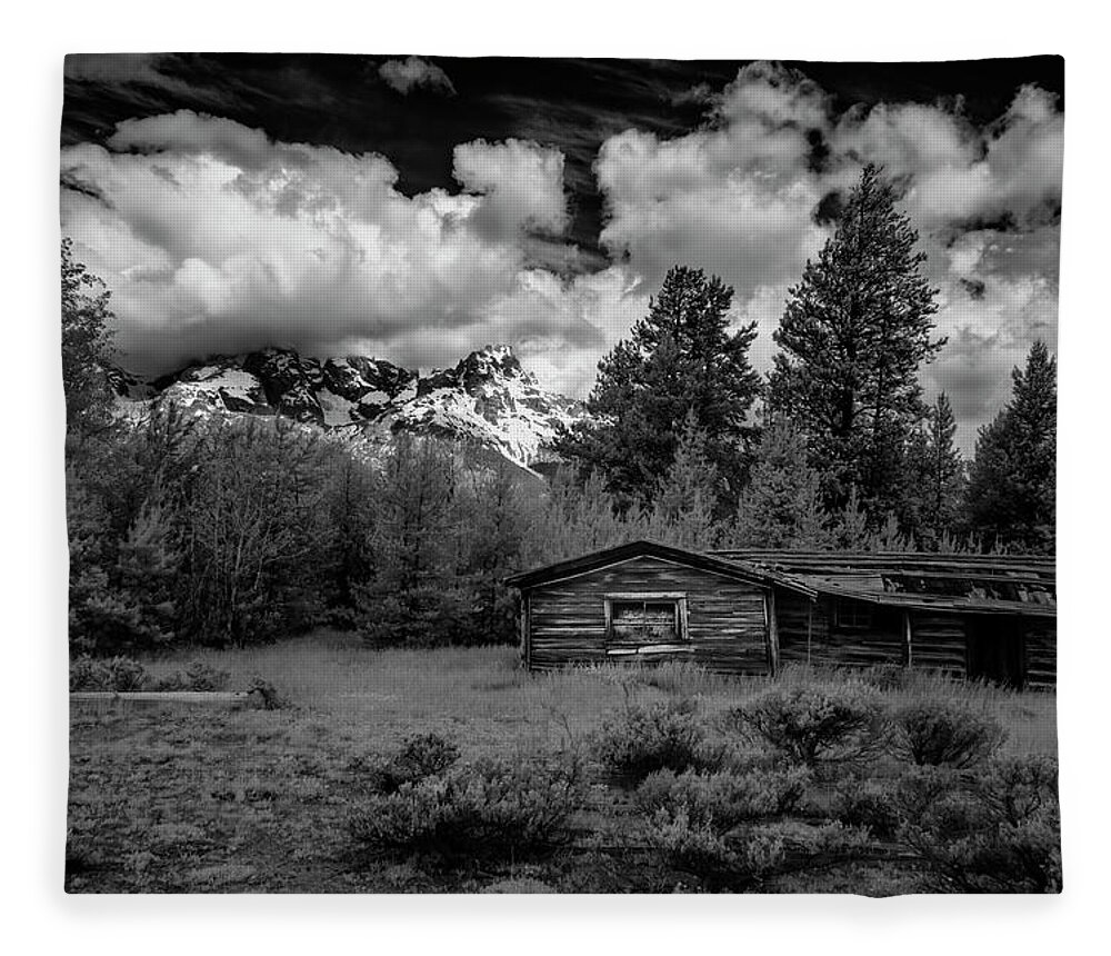 Black And White Fleece Blanket featuring the photograph Grand Teton Cabin II by Jon Glaser