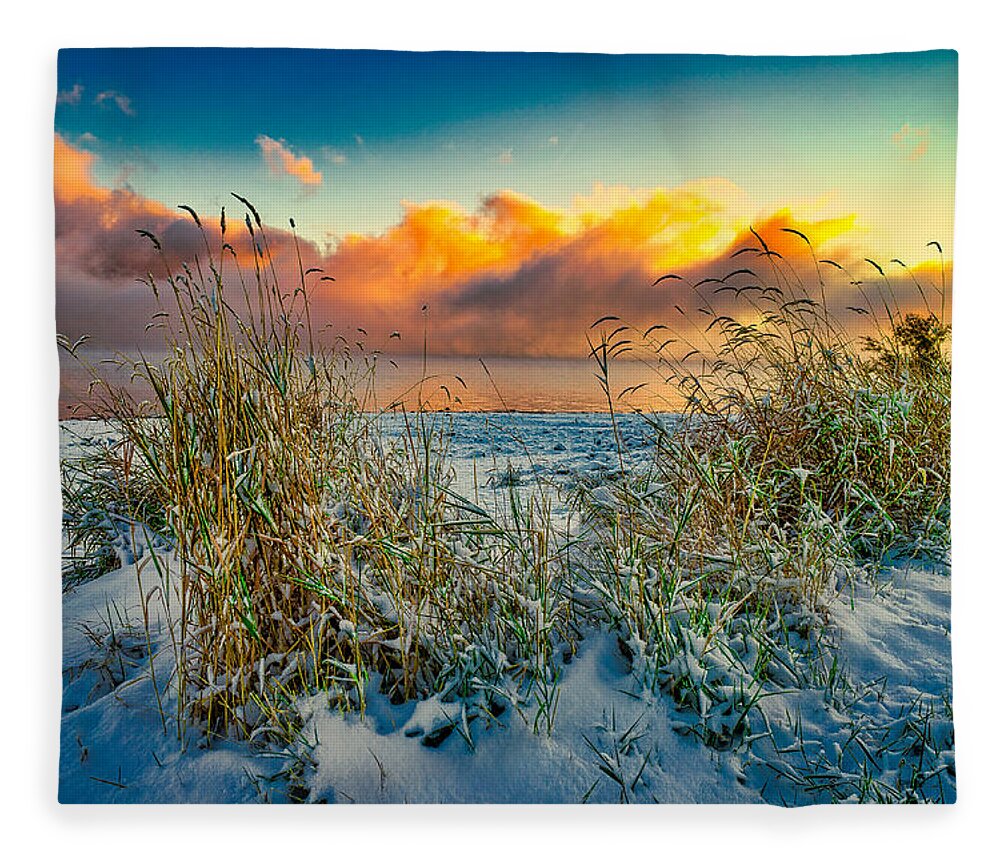 Idaho Fleece Blanket featuring the photograph Grass and Snow Sunrise by Tom Gresham