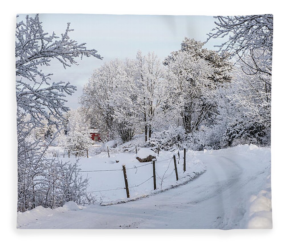 Snowy Gravelled Road Fleece Blanket featuring the photograph Gravelled road in winter by Torbjorn Swenelius