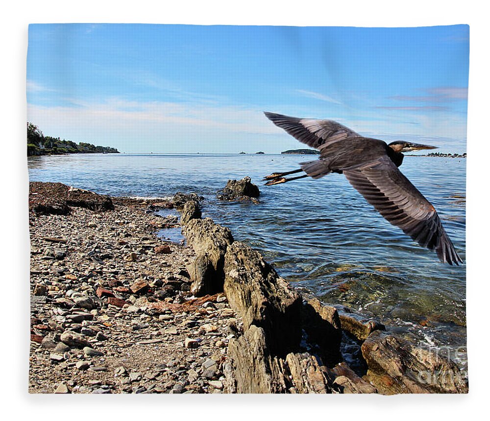 Seascape Fleece Blanket featuring the photograph Great Blue Heron At Bailey Island by Sandra Huston