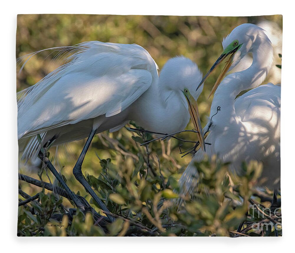 Egrets Fleece Blanket featuring the mixed media Great Egrets Precious Moment by DB Hayes