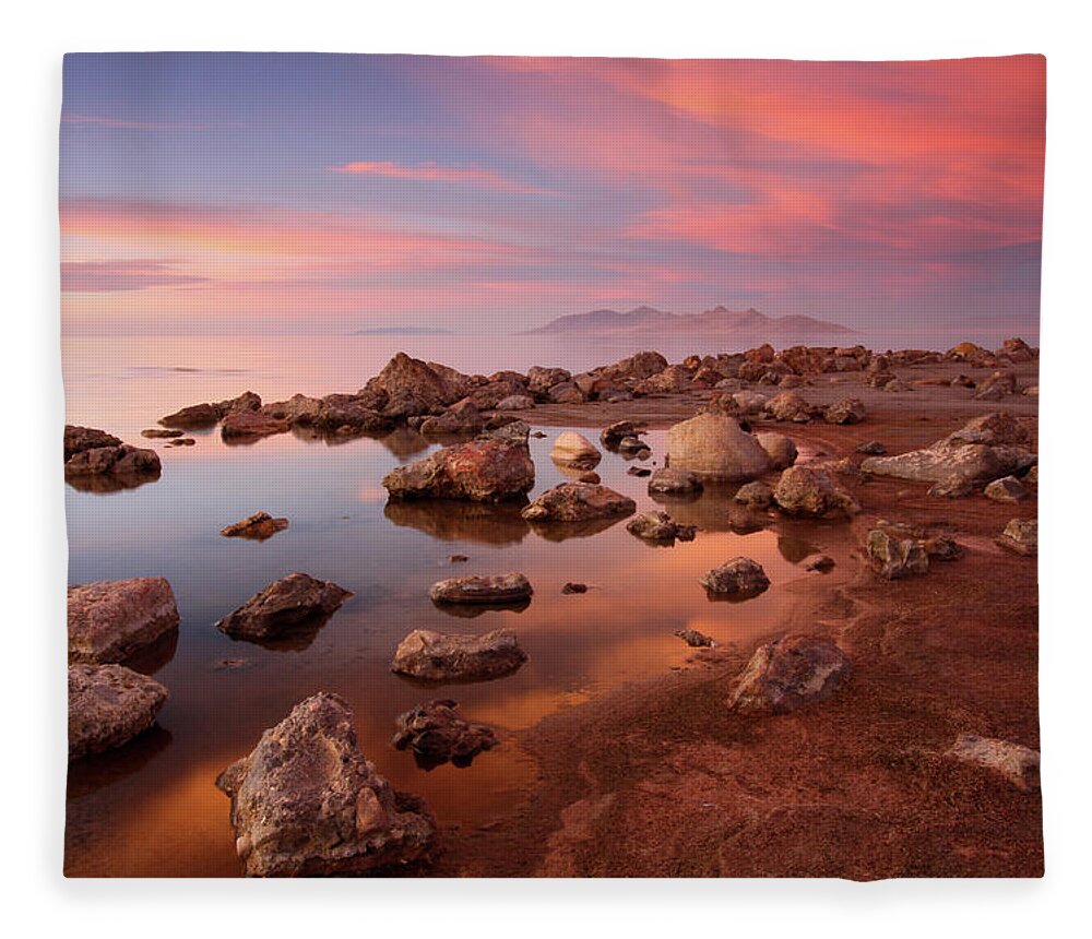 Utah Fleece Blanket featuring the photograph Great Salt Lake Sunset Glow - Great Salt Lake, Utah by Brett Pelletier
