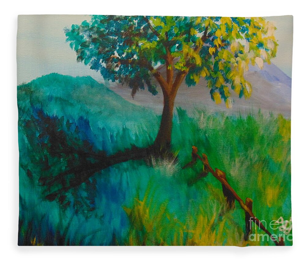 Green Fleece Blanket featuring the painting Green Pastures by Saundra Johnson