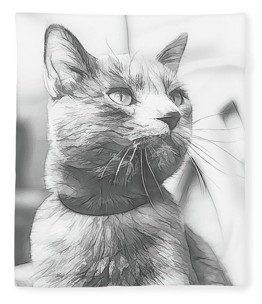 Art Fleece Blanket featuring the digital art Grey Cat Posing, Black and White Sketch by Rick Deacon