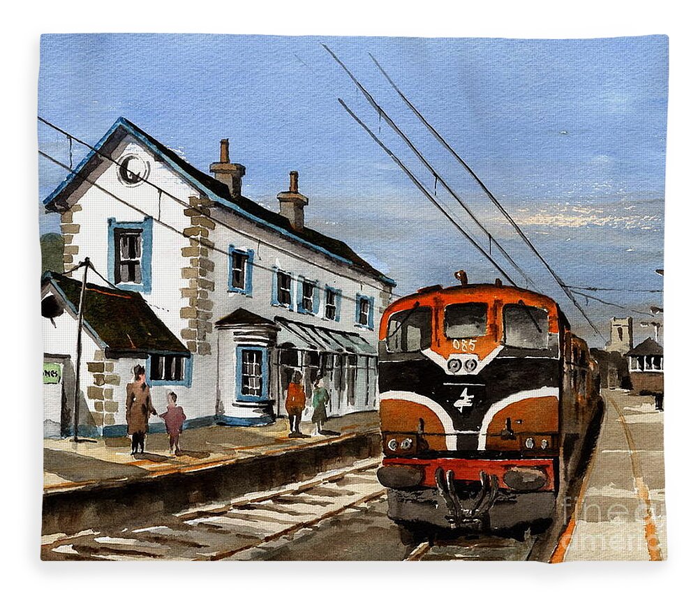 Ireland Fleece Blanket featuring the painting Greystones Railway Station by Val Byrne