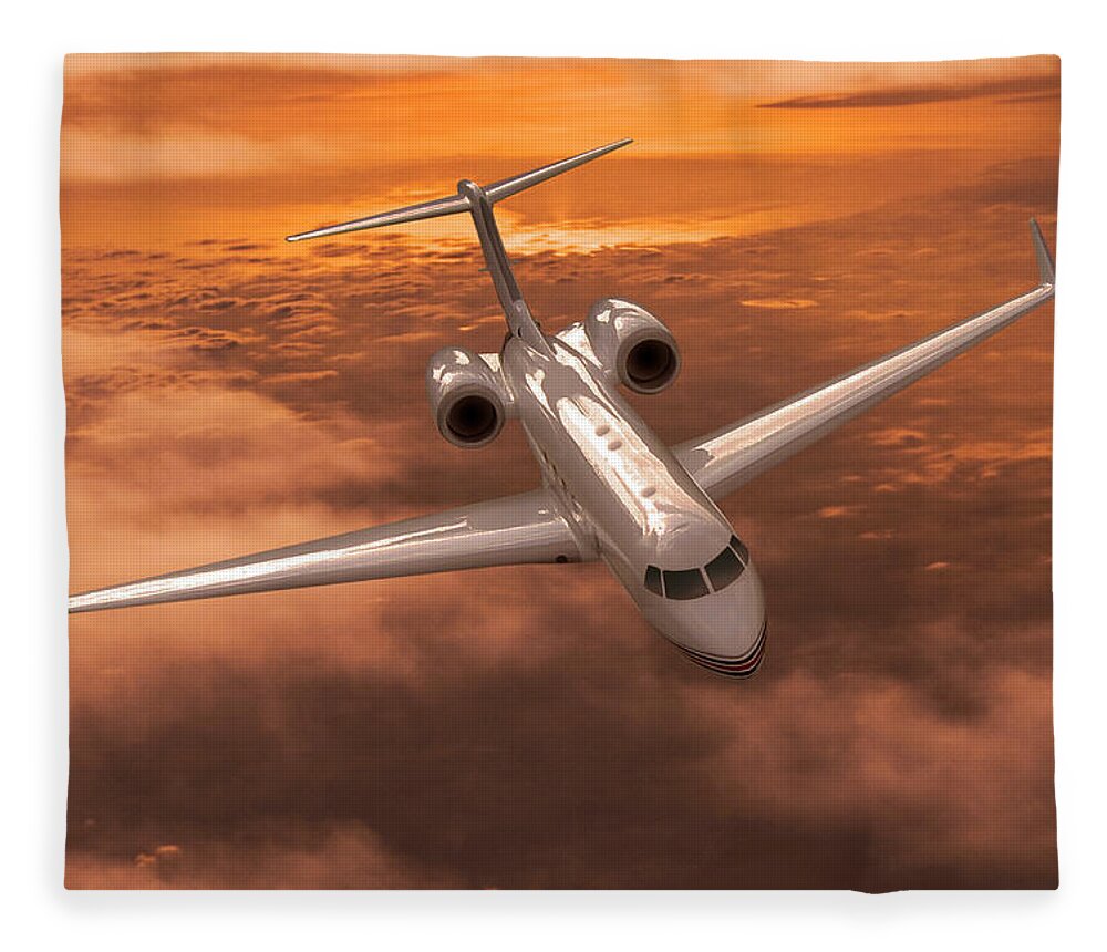 Gulfstream 550 Business Jet Fleece Blanket featuring the digital art Gulfstream 550 Out of the Sunset by Erik Simonsen